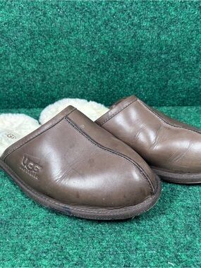 Ugg Brown Leather Scuff Comfort Casual Men's Slip On Slippers 10
